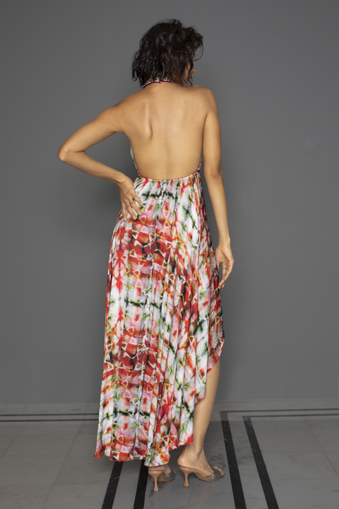 Shibori Orange Halter Neck High Low Dress