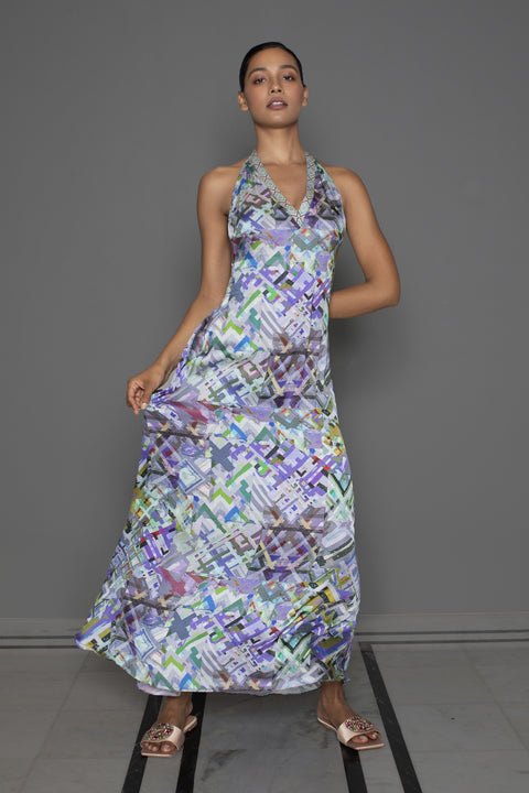 Abstract Lilac Halter Neck A-line Dress