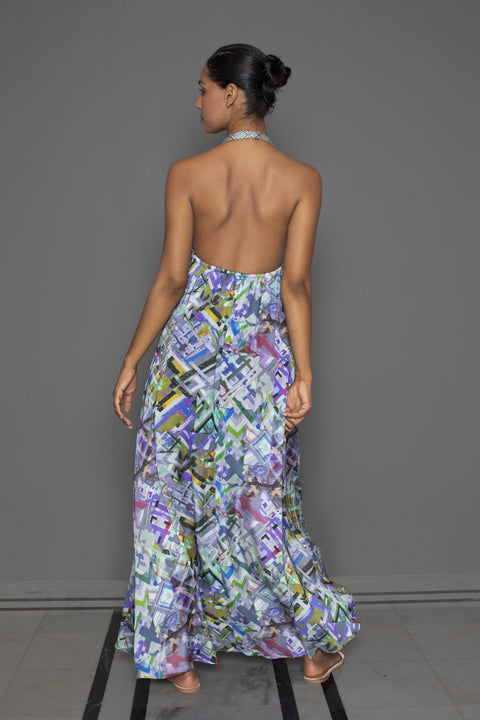 Abstract Lilac Halter Neck A-line Dress