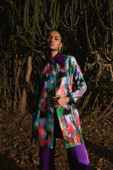 Prism patchwork embroidered long jacket
