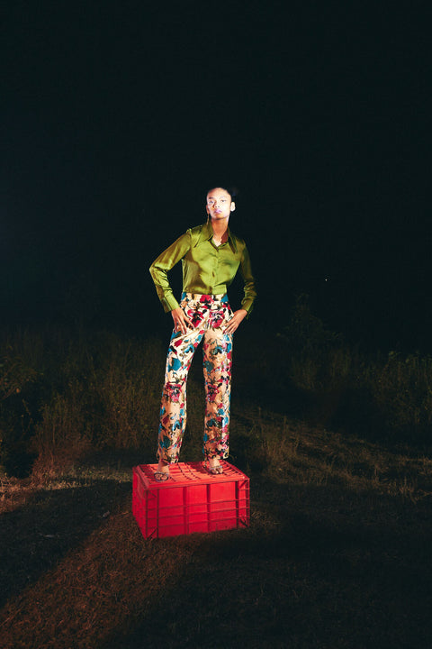 Iris embroidered straight pants