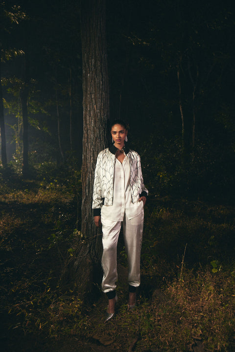 White bomber with leaf embroidery