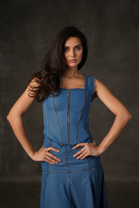 Aqua Denim Square Neck Corset