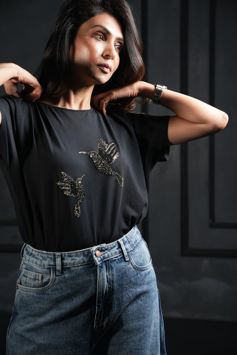 Black T-shirt with Birds Diamond Detail