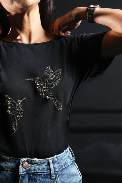 Black T-shirt with Birds Diamond Detail