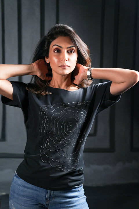 Black T-shirt with Rose Diamond Detail