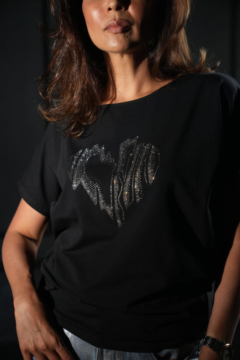 Black T-shirt with Shaded Heart Diamond Detail