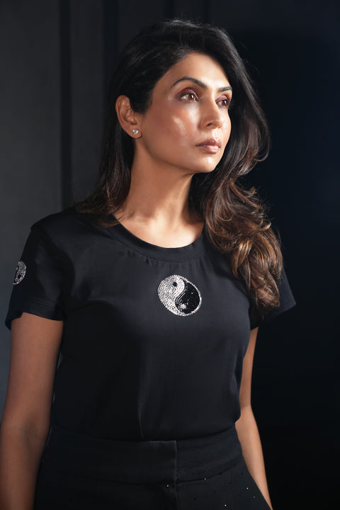 Black T-shirt with Ying Yang Diamond Detail