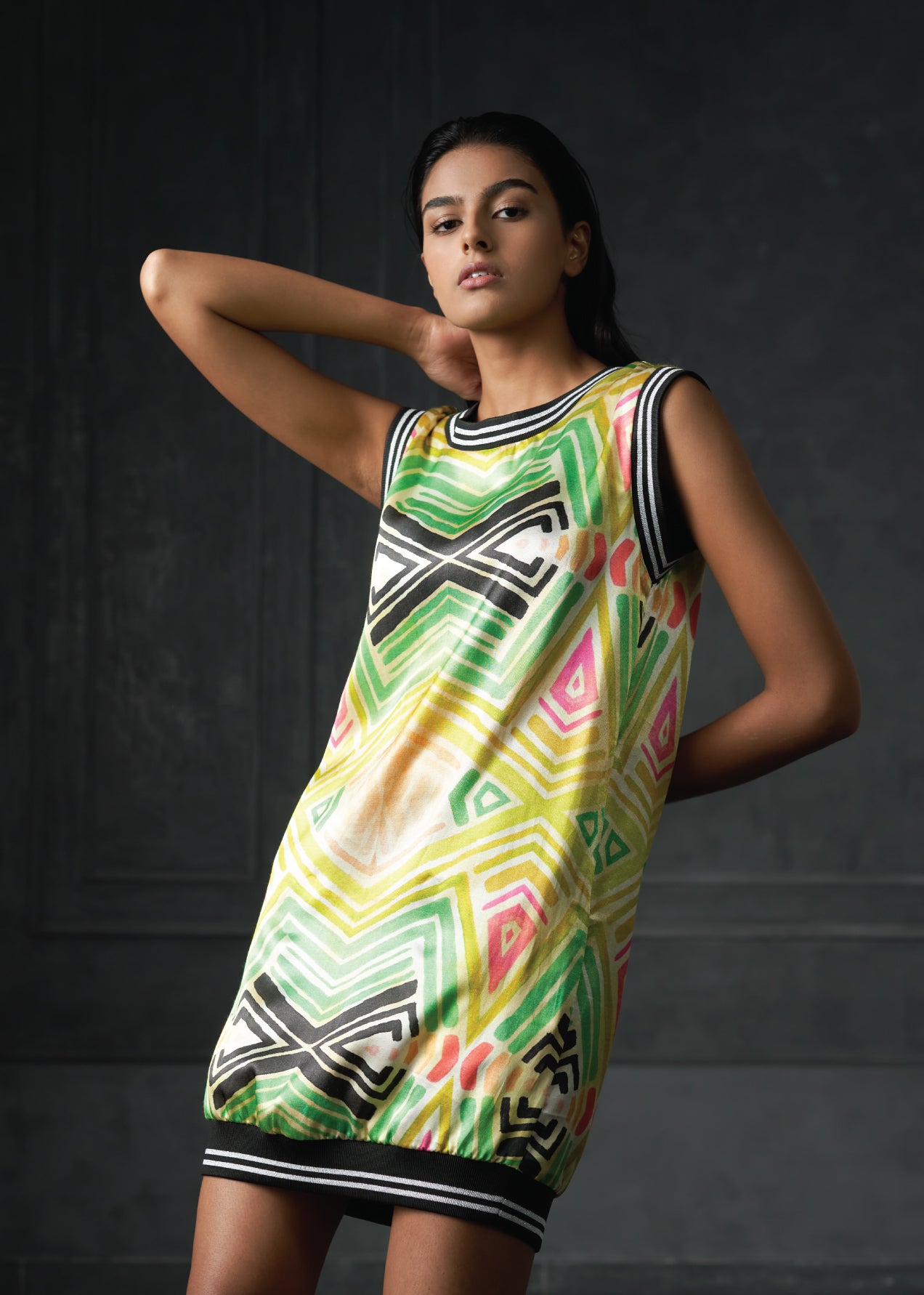 Wabi Sabi in Green Printed Sleeveless Bomber Dress