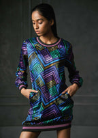 Zing in Blue Full Sleeves Printed Bomber Dress