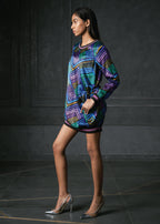 Zing in Blue Full Sleeves Printed Bomber Dress