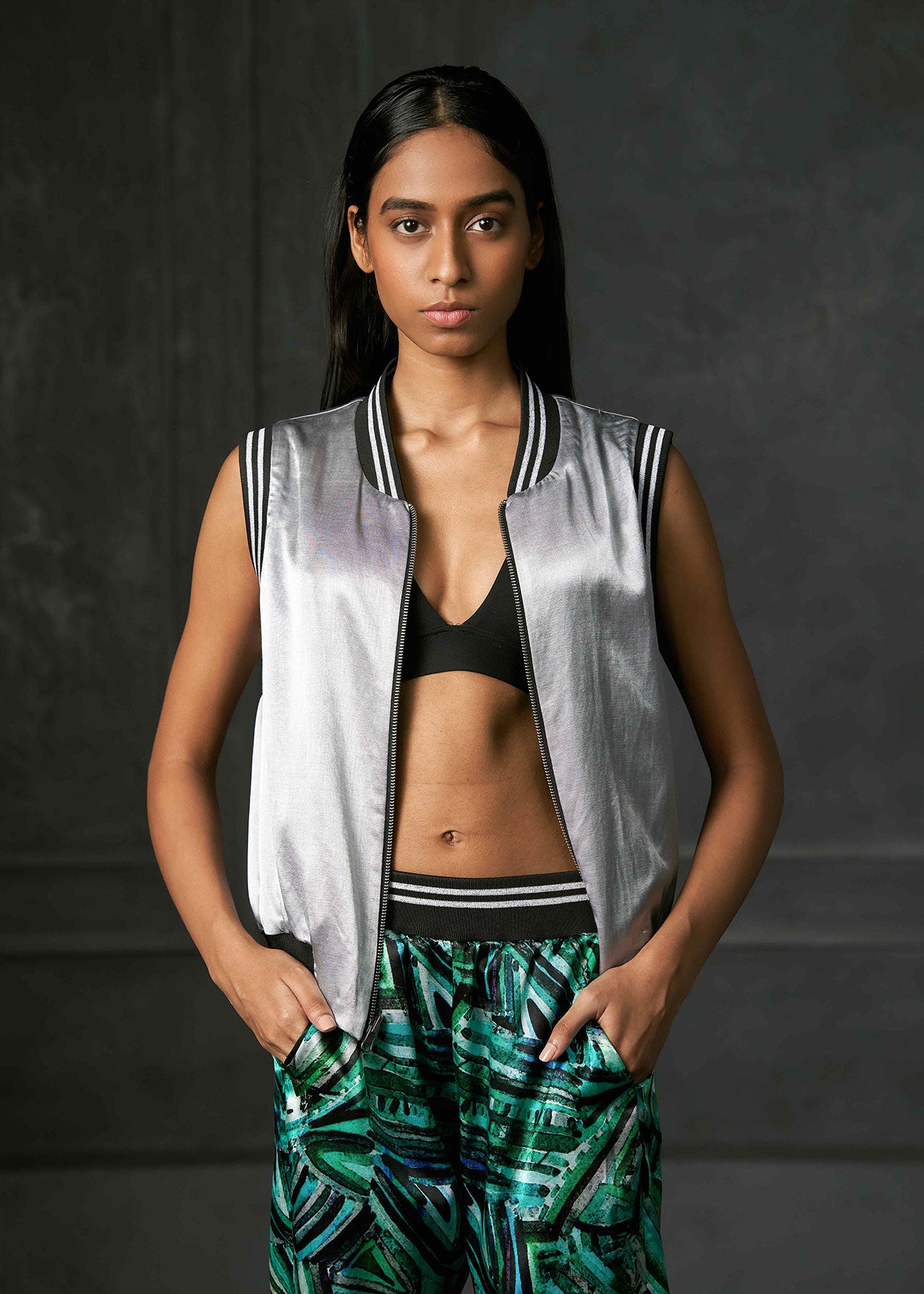 Rush in Green Sleeveless Reversible Bomber Jacket