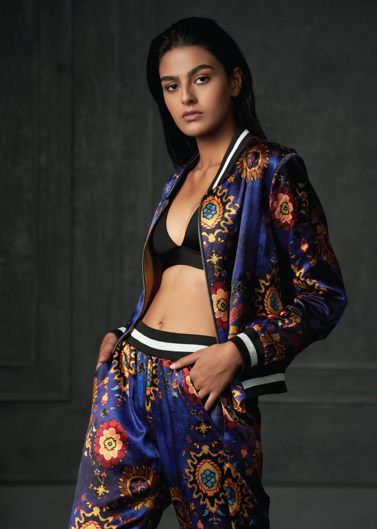 Calico in Blue Full Sleeves Reversible Bomber Jacket