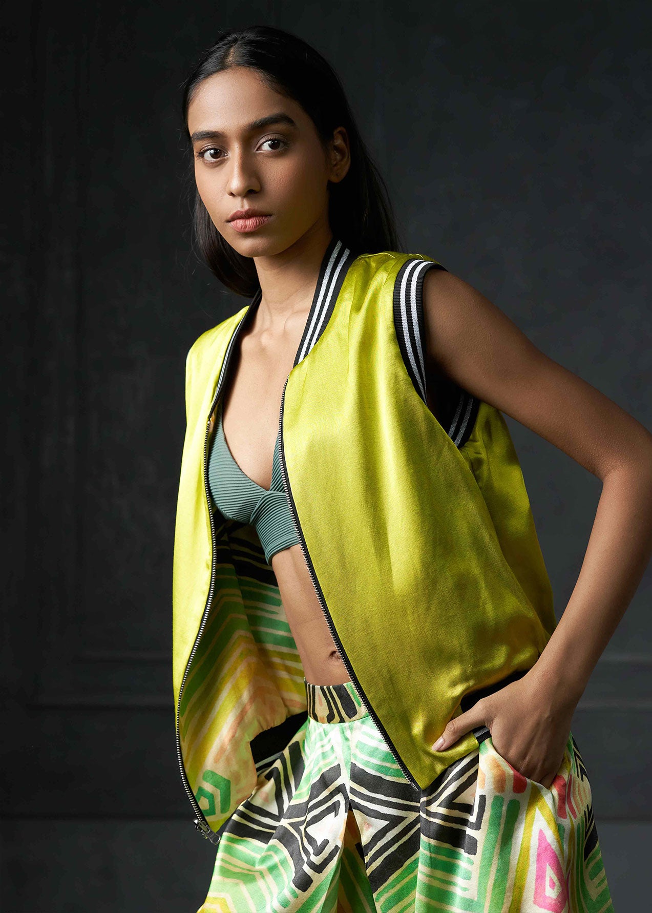 Wabi Sabi in Yellow Sleeveless Reversible Bomber Jacket
