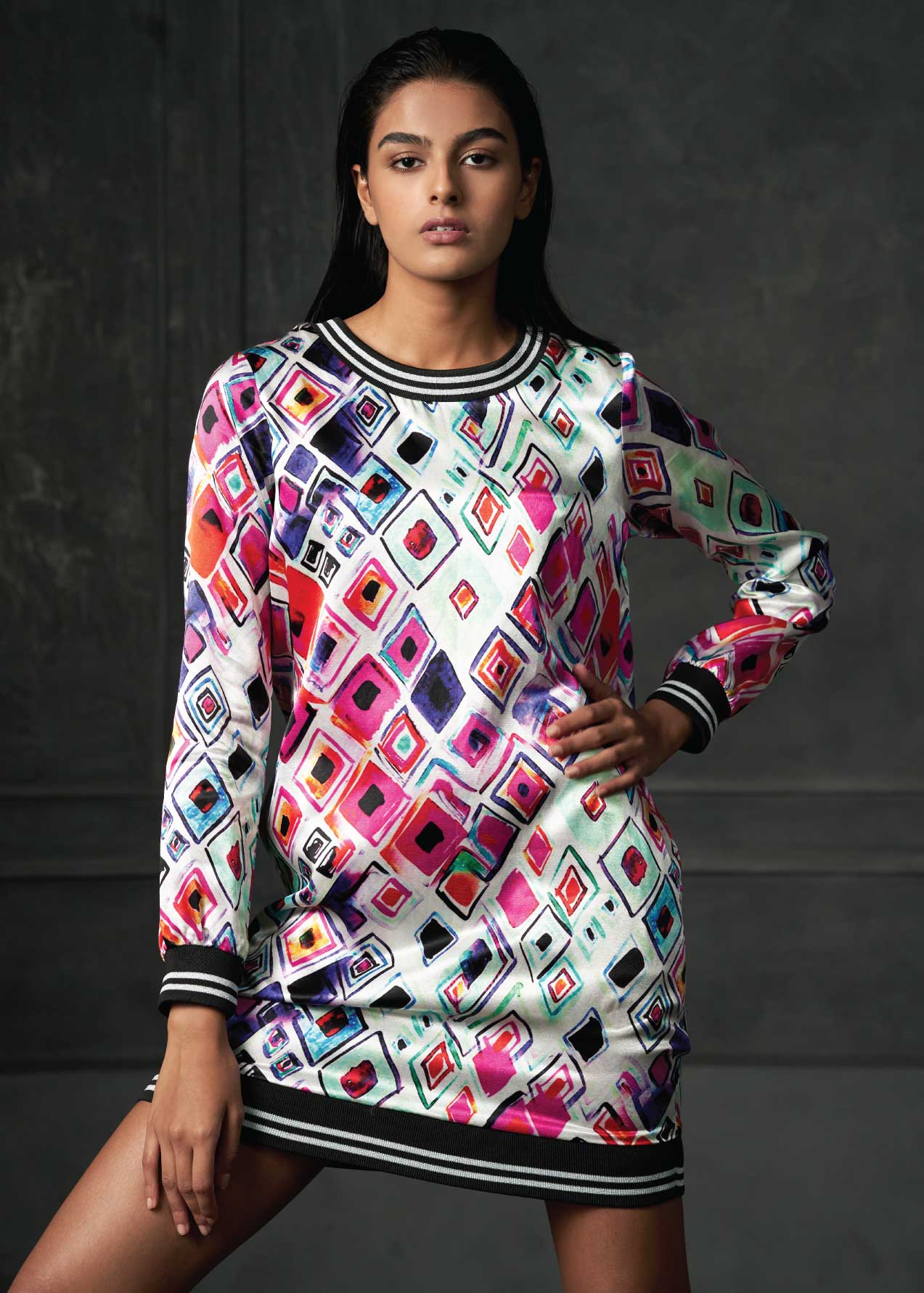 Olio in Pink Full Sleeves Printed Bomber Dress