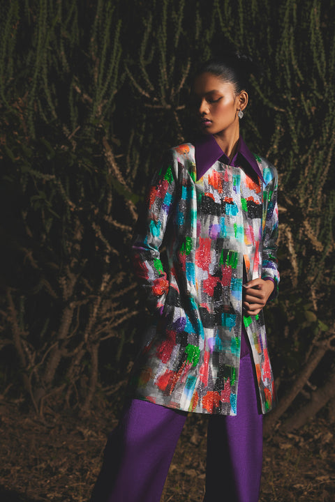 Prism patchwork embroidered long jacket
